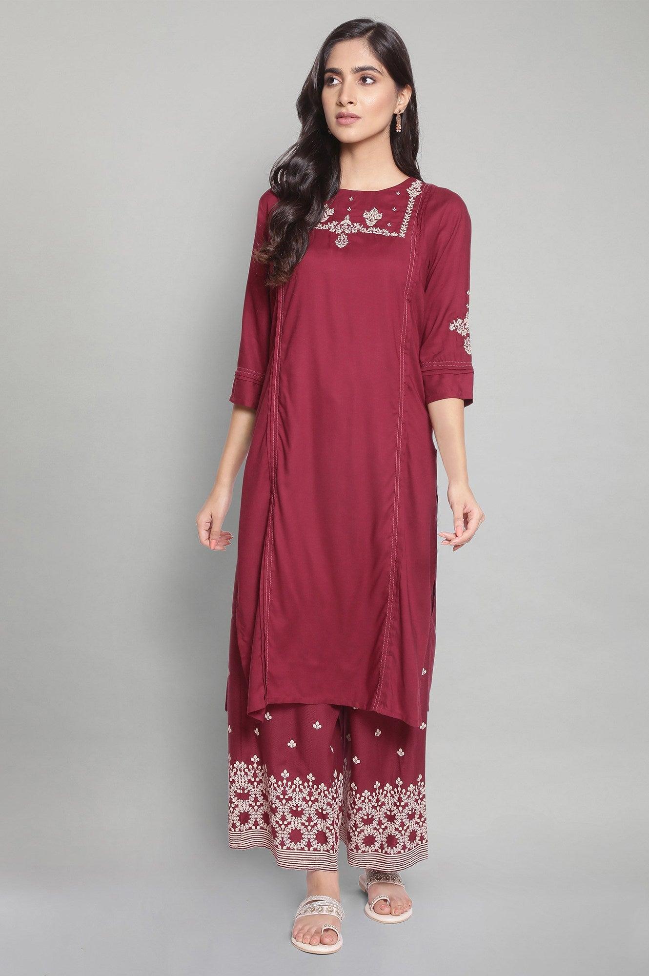 Maroon Solid kurta with Embroidery