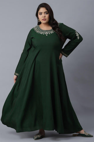 Bottle Green Dress with Embroidery