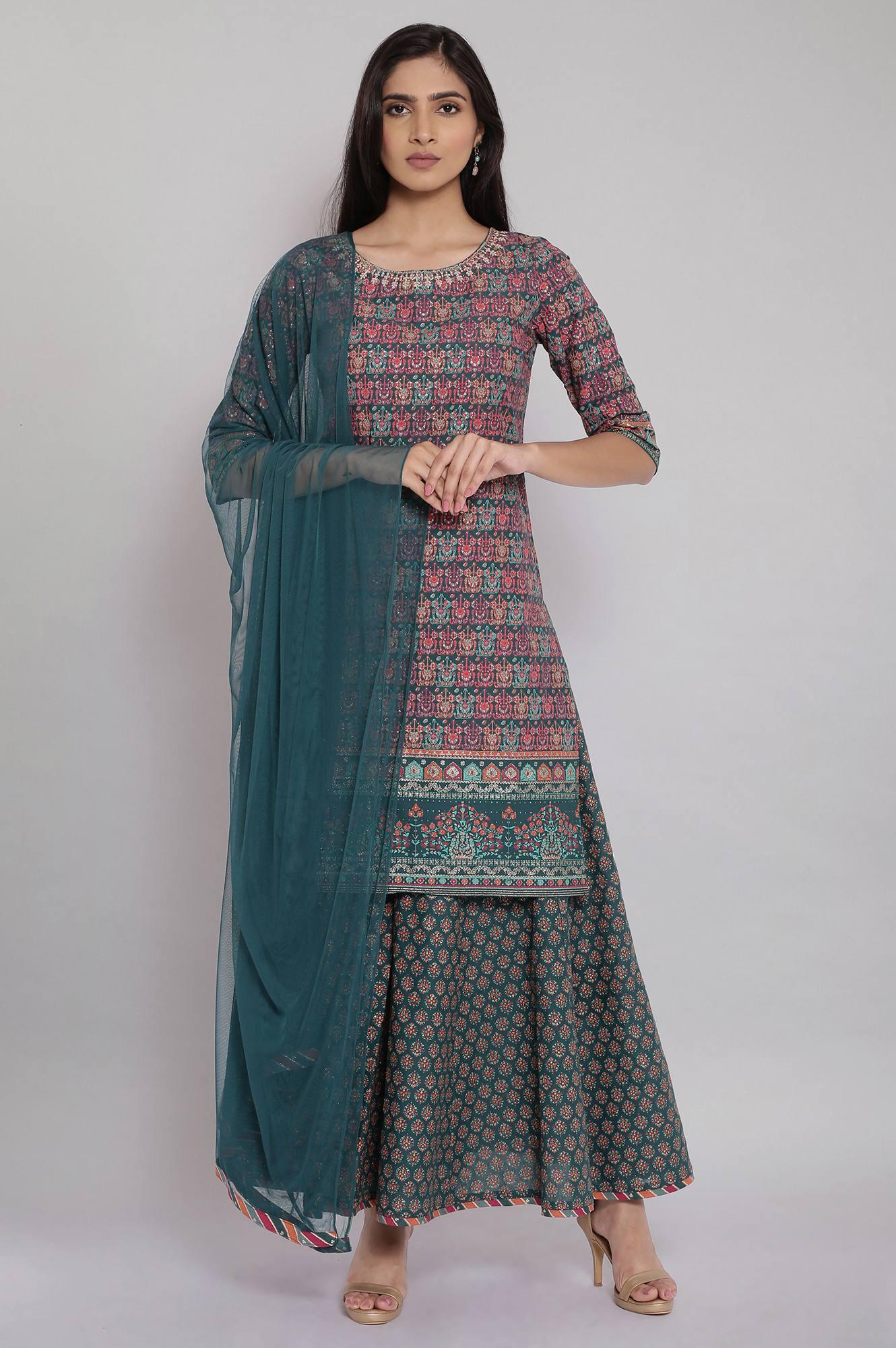 Green Printed Straight kurta-Culottes-Dupatta Set