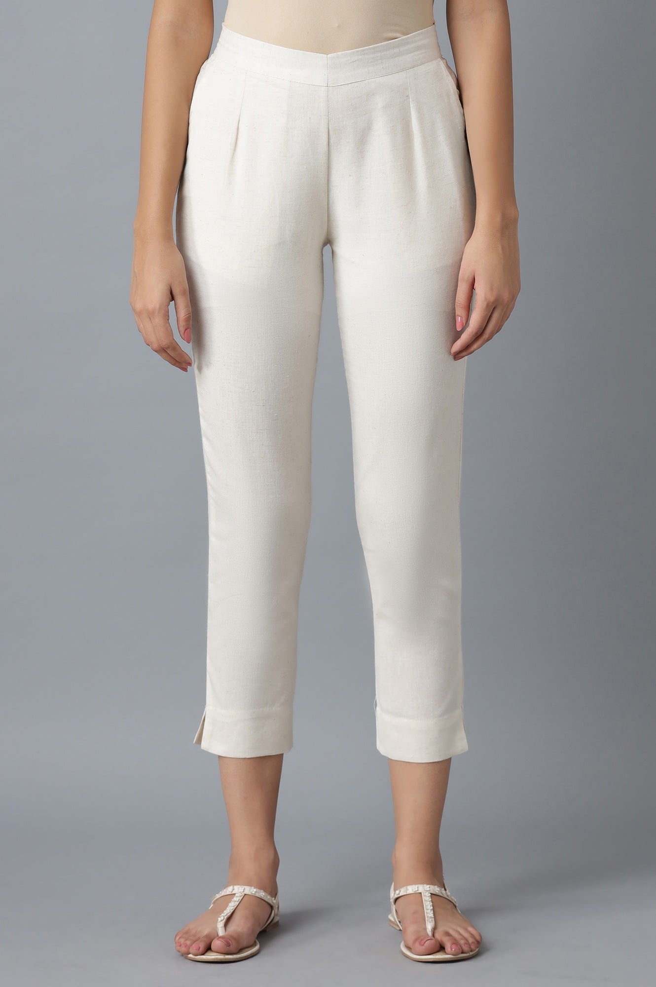 Beige Solid Straight Fit Cotton Trousers With Elasticated Waist