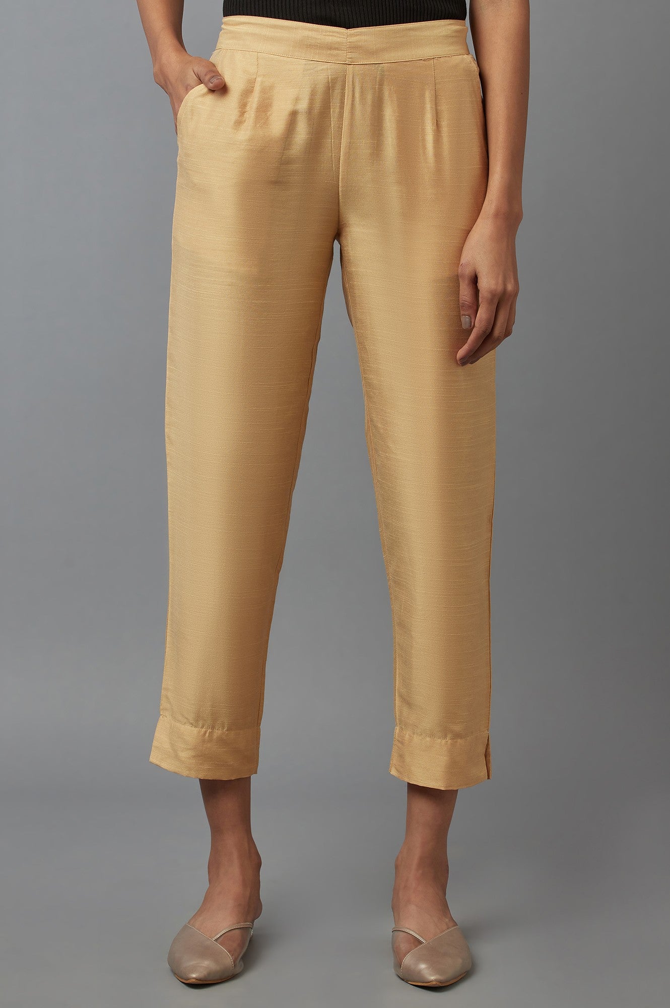 Gold Solid Straight Fit Calf Length Mid Rise Trousers