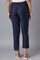 Navy Blue Solid Straight Fit Woven Trousers With Elasticated Waistband