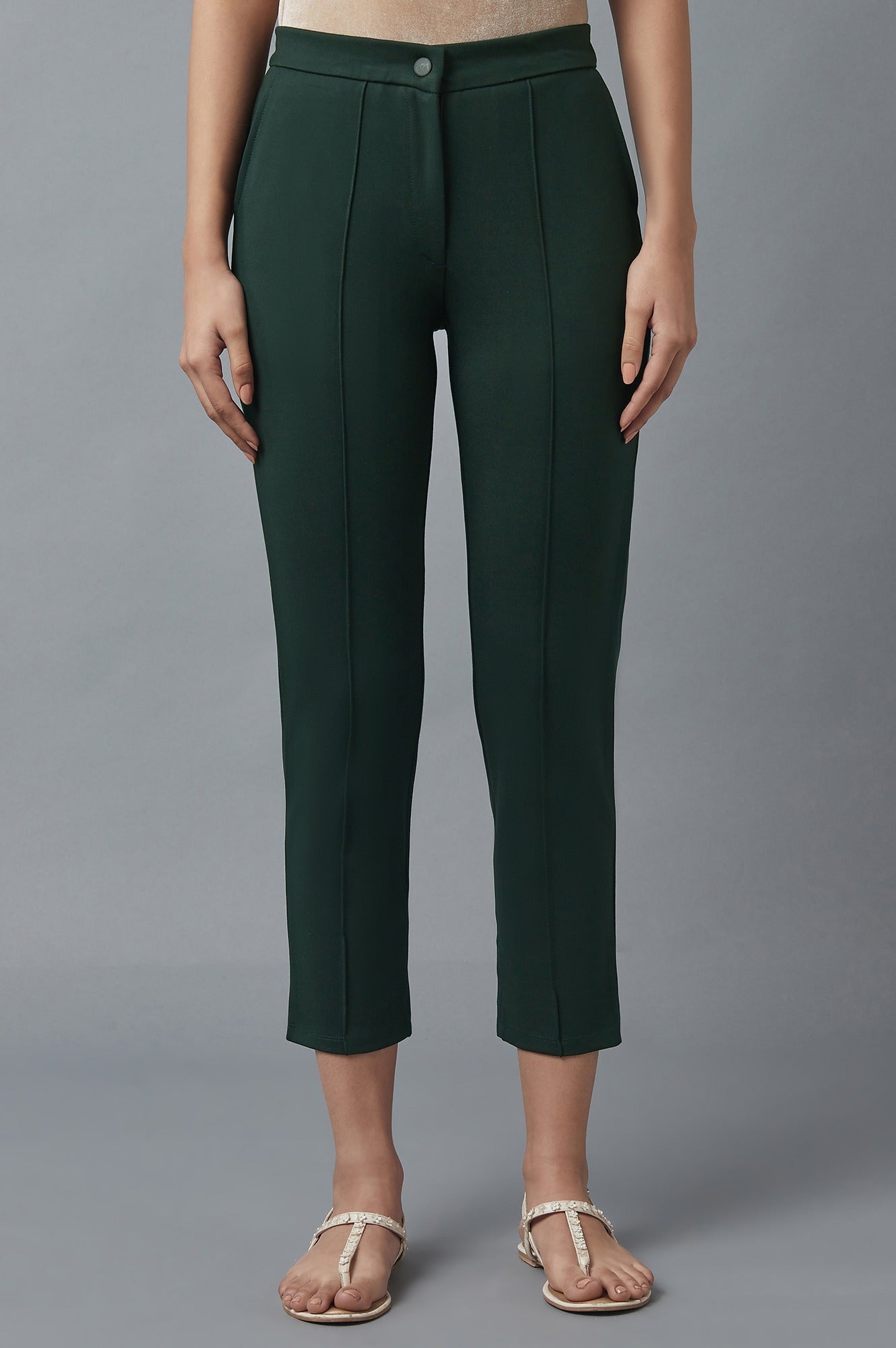 Bottle Green Solid Straight Fit Trousers With Pintuck Detail