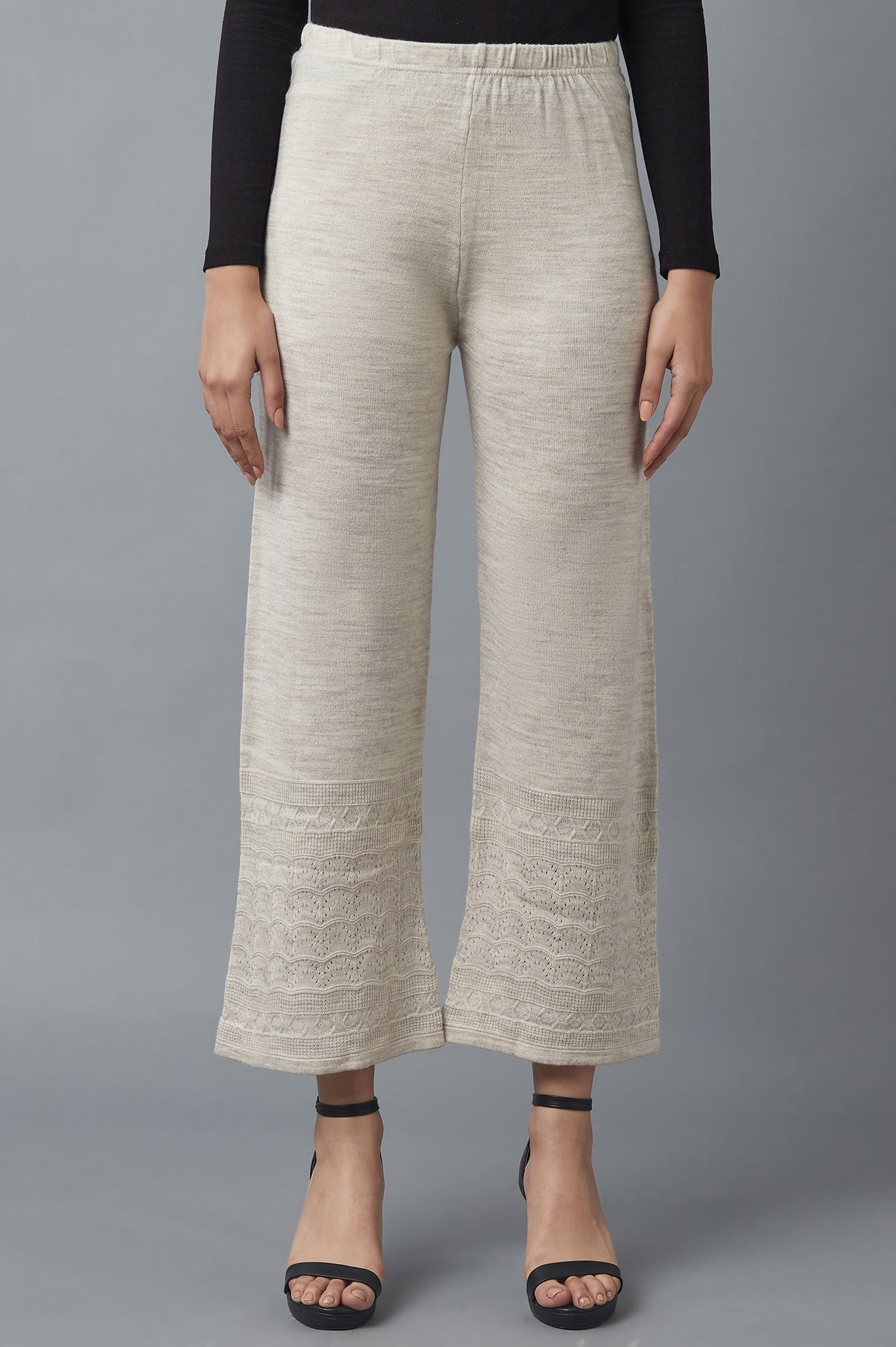 Beige Pointelle Flared Acrylic Palazzo With Elasticated Waist