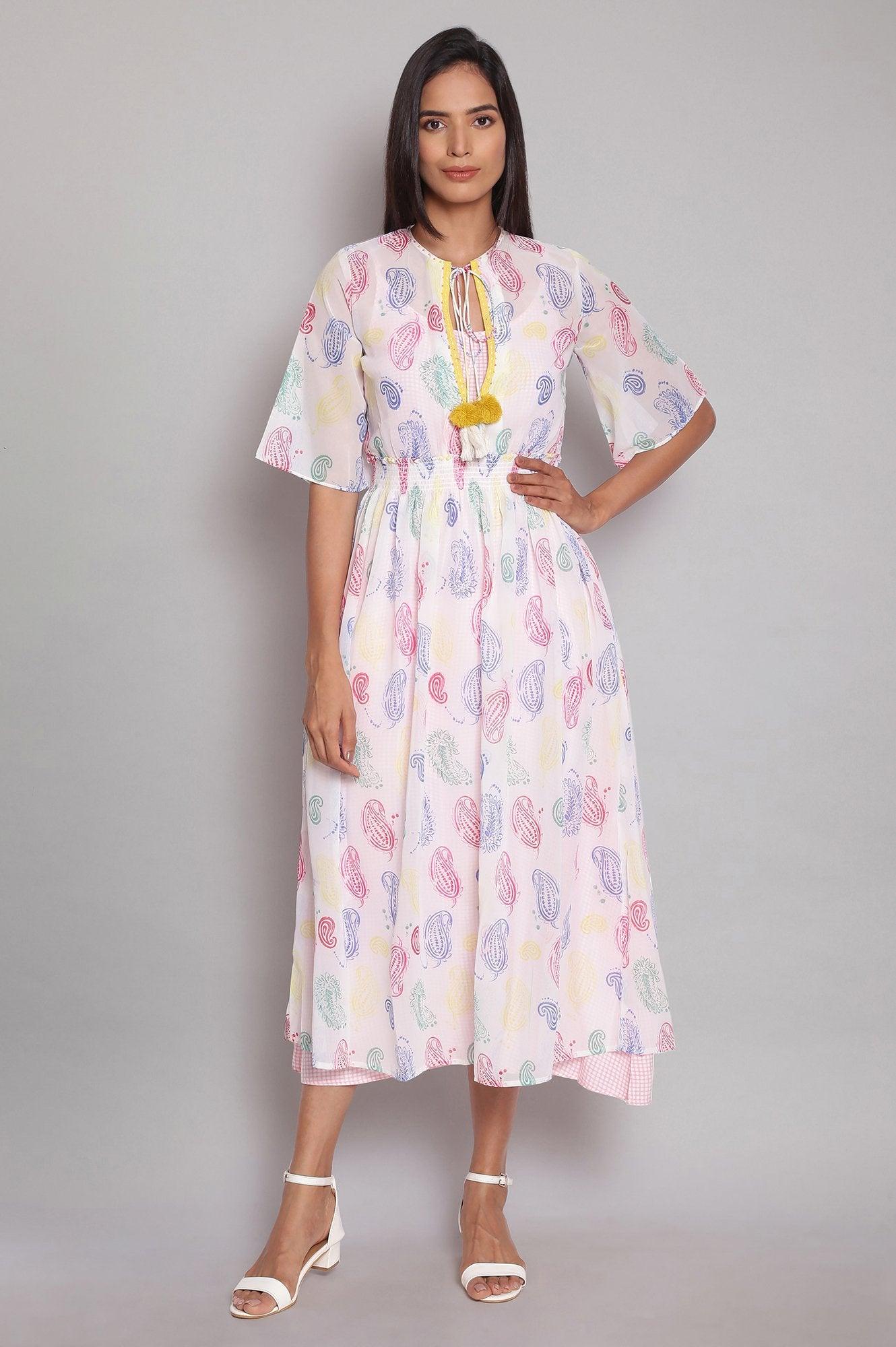 Ecru Layered Dress with Multicoloured Print