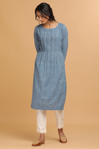 Indigo Hand Block Print Pintuck Dress