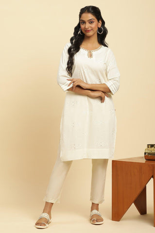 Ecru Gitter Printed Embellished Kurta