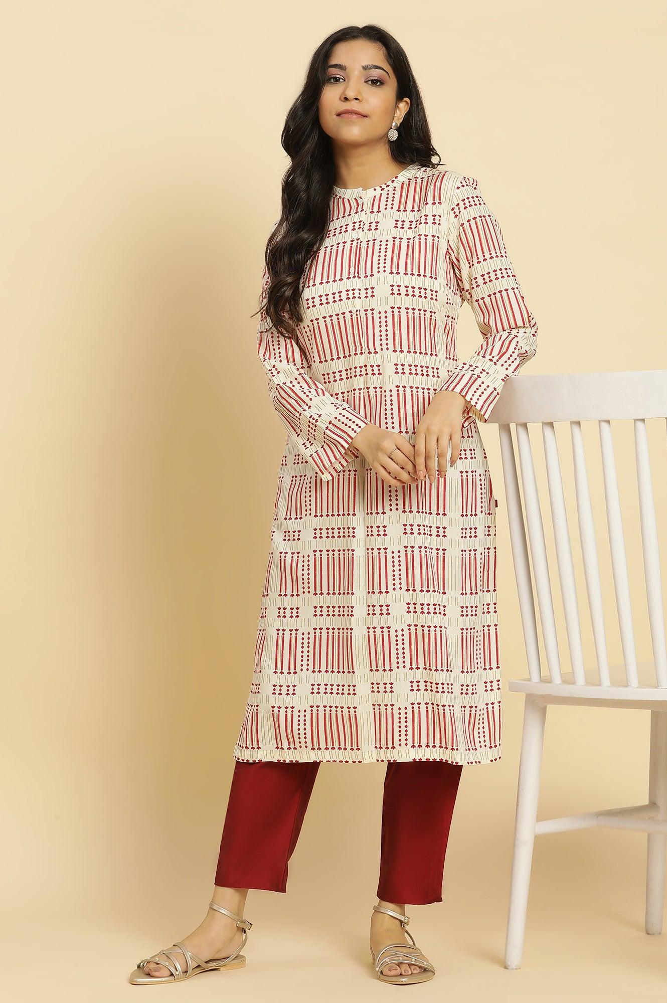 White Printed Mandarin Collar Kurta