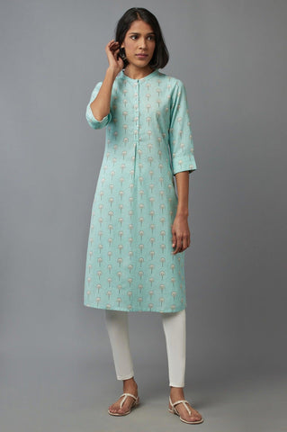 Light Blue Floral Print kurta in Mandarin Collar