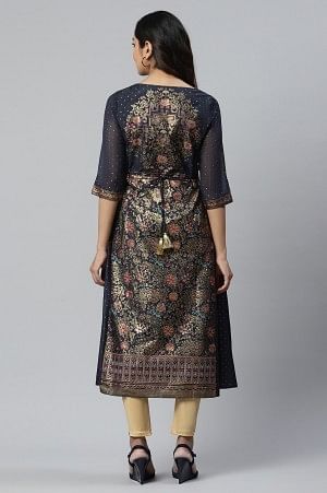 Black A-line Floral Print kurta