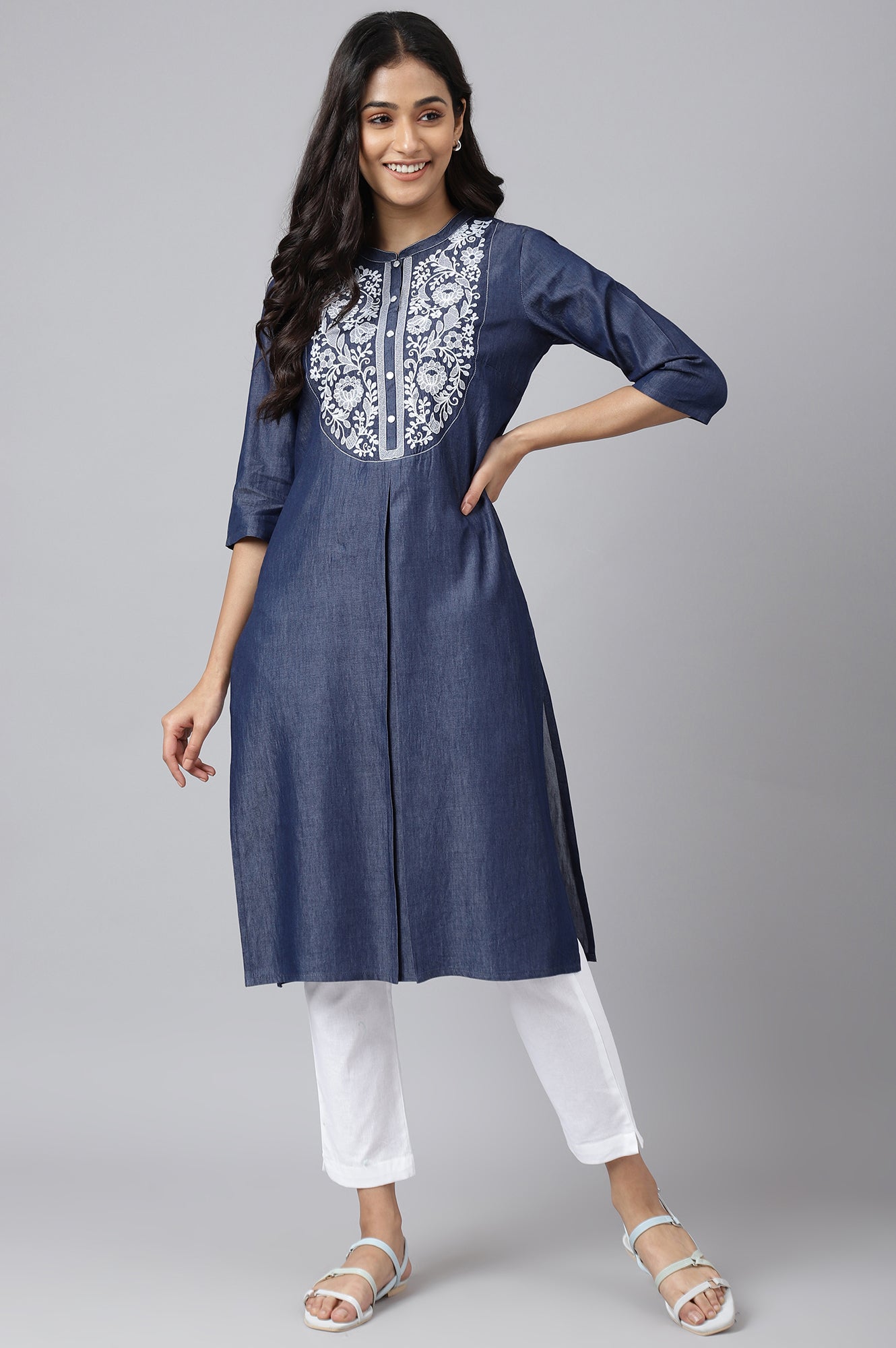 Blue Embroidered Denim Kurta