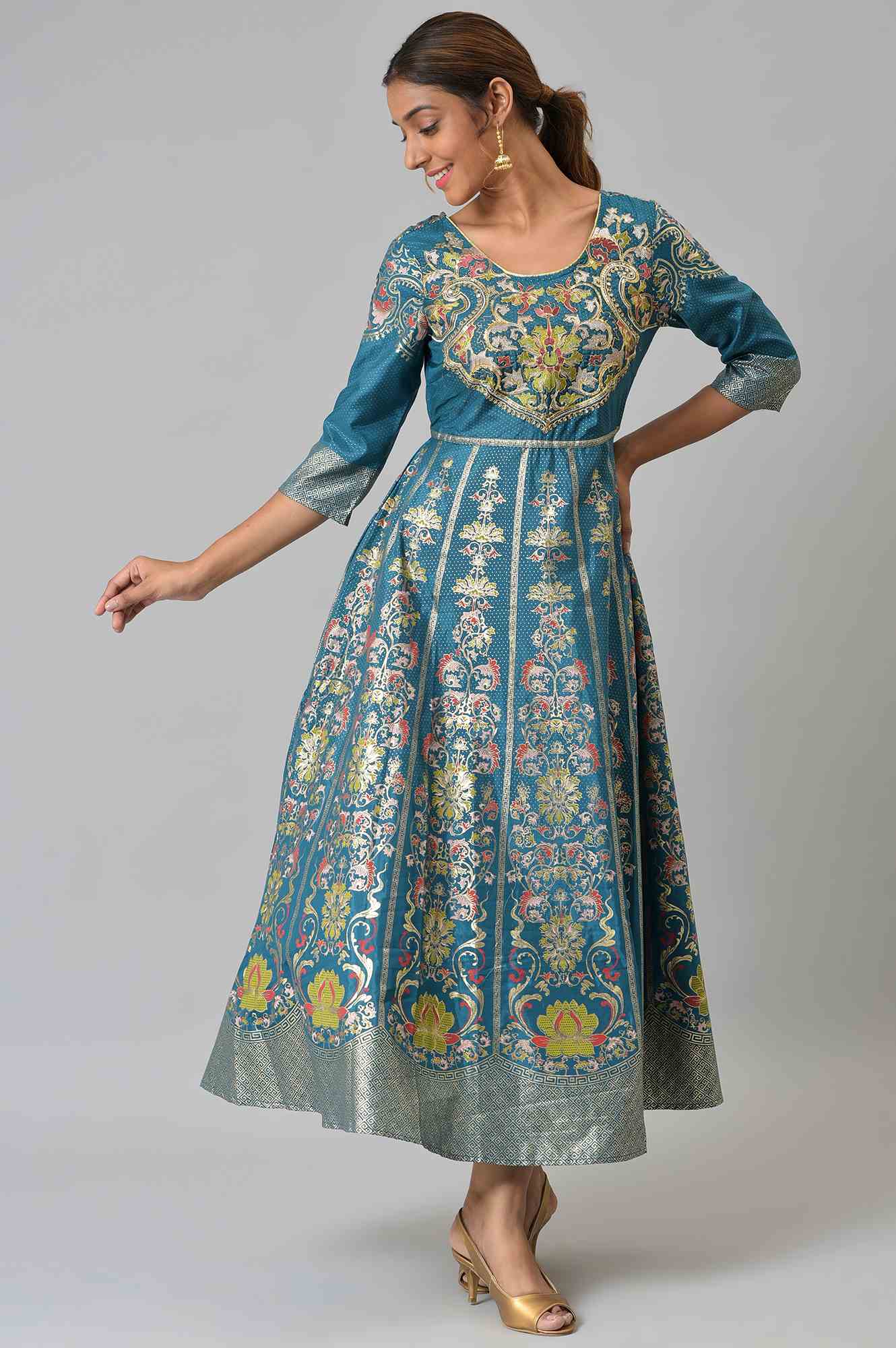 Blue Embroidered A-line Ethnic Dress Cherrypick Blue Embroidered A-line Ethnic Dress Cherrypick