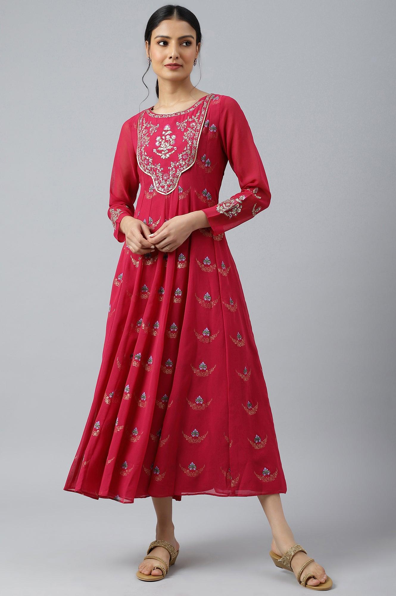 Pink Embroidered Panelled Georgette Dress