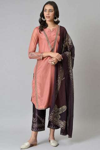 Peach Embroidered kurta With Purple Parallel Pants And Dupatta