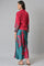 Green And Red Sleeveless Predrape Saree Dress With Belt And Tailored Jacket