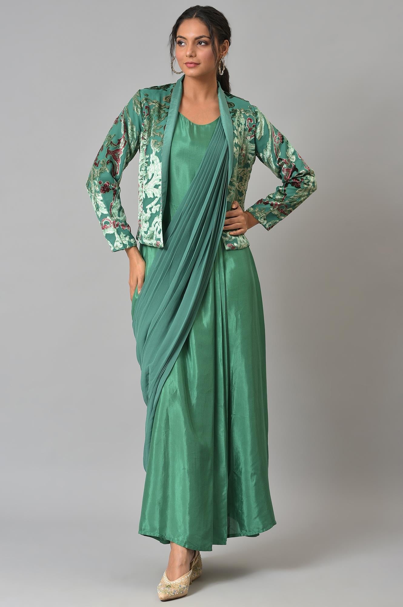 Green Festive Saree Draped kurta With Short Jacket