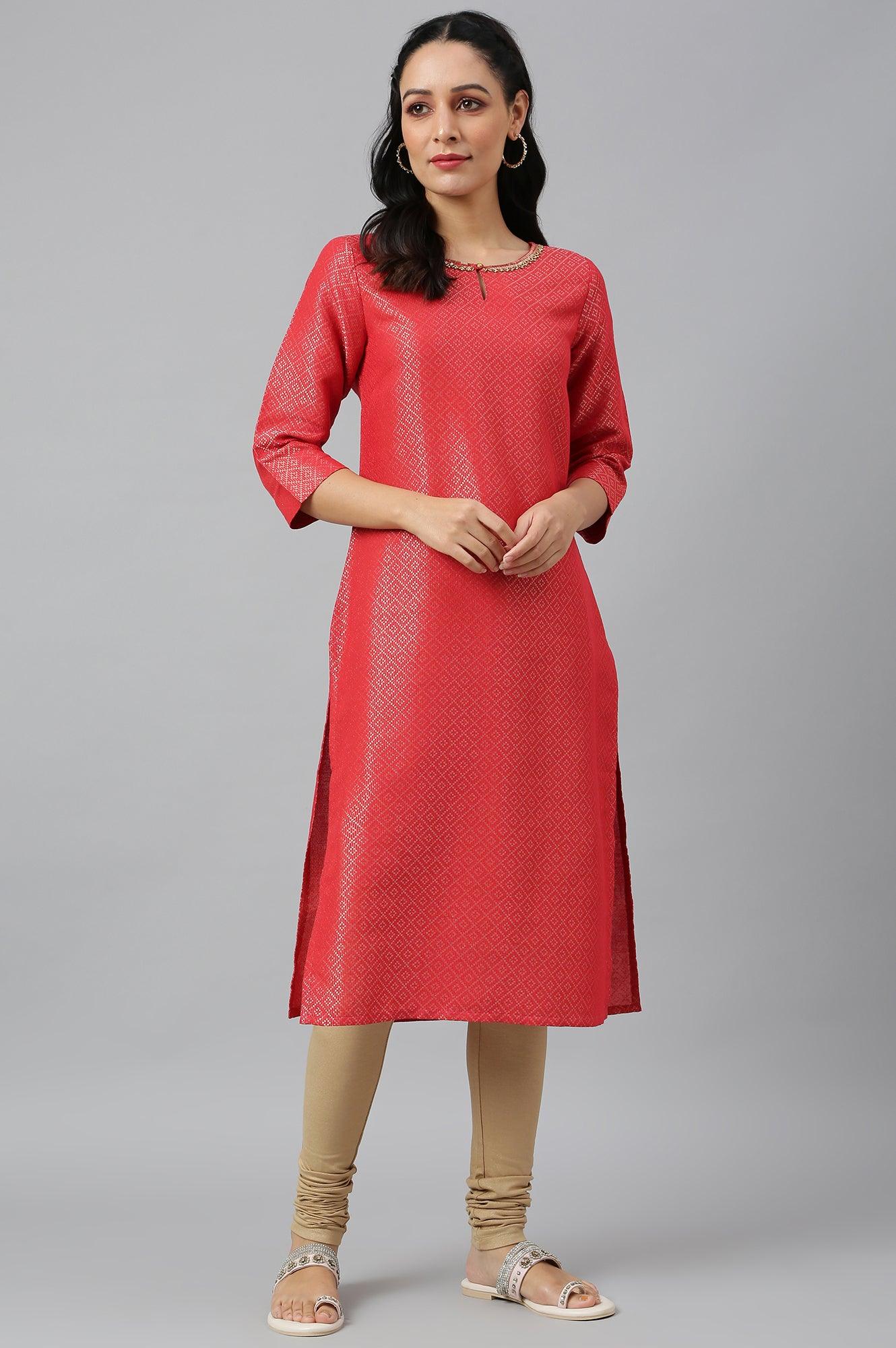 Red Geometric Print Dobby kurta