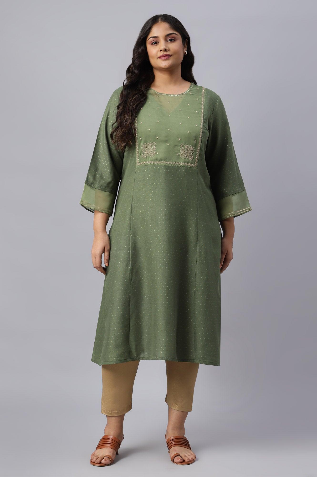 Olive Green A-Line Embroidered Plus Size kurta With Sequins