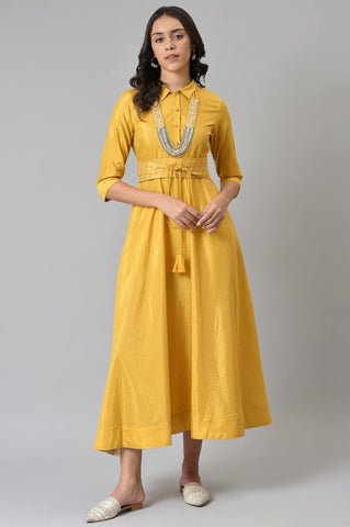 Yellow Glitter Printed Shirt Dress With Embroidered Neckpiece