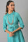 Teal Glitter Printed Shirt Dress With Embroidered Neckpiece