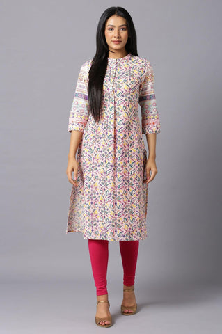 Ecru A-Line kurta With Multi-Coloured Floral Print