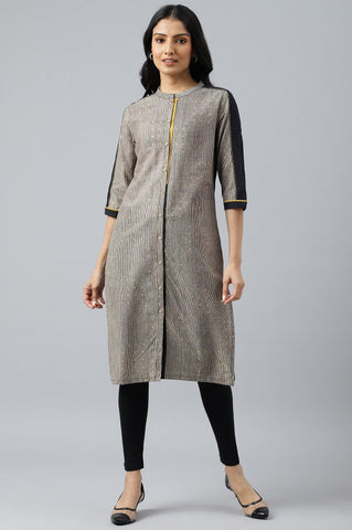Biege And Black Panelled kurta With Mustard Stich Line