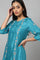 Teal Embroidered kurta With Front Slit