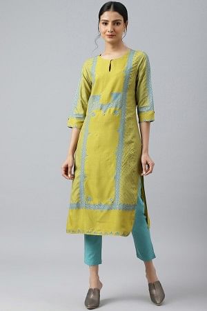 Green Placement Print Embellished kurta With Blue Cotton Slim Pants