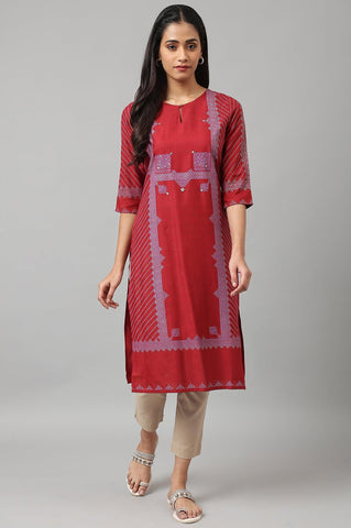 Red Placement Print Embellished kurta