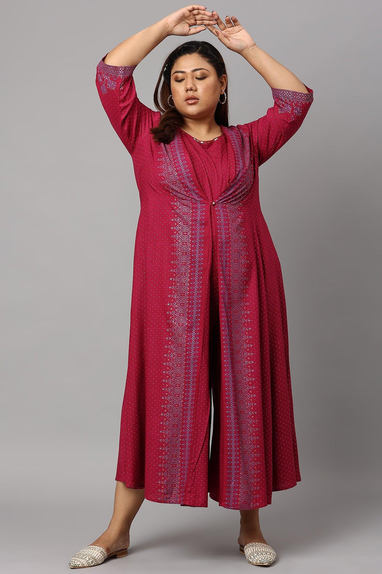 Plus Size Dark Pink Mock Layer Embellished Liva Eco Kimono Jumpsuit