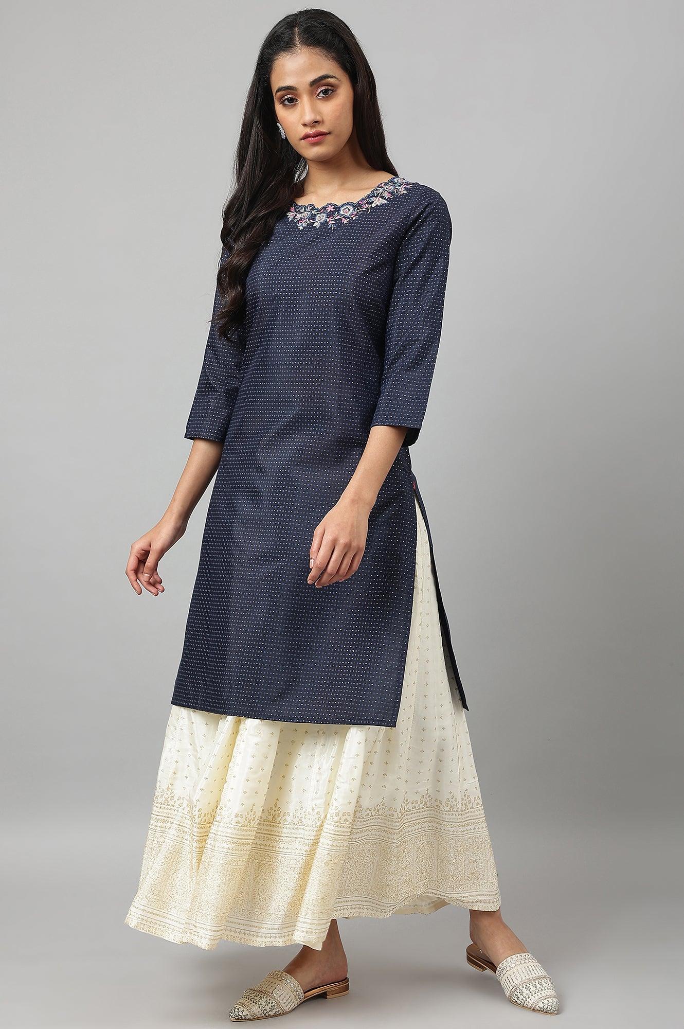 Navy Blue Festive kurta With Embroidered Neck