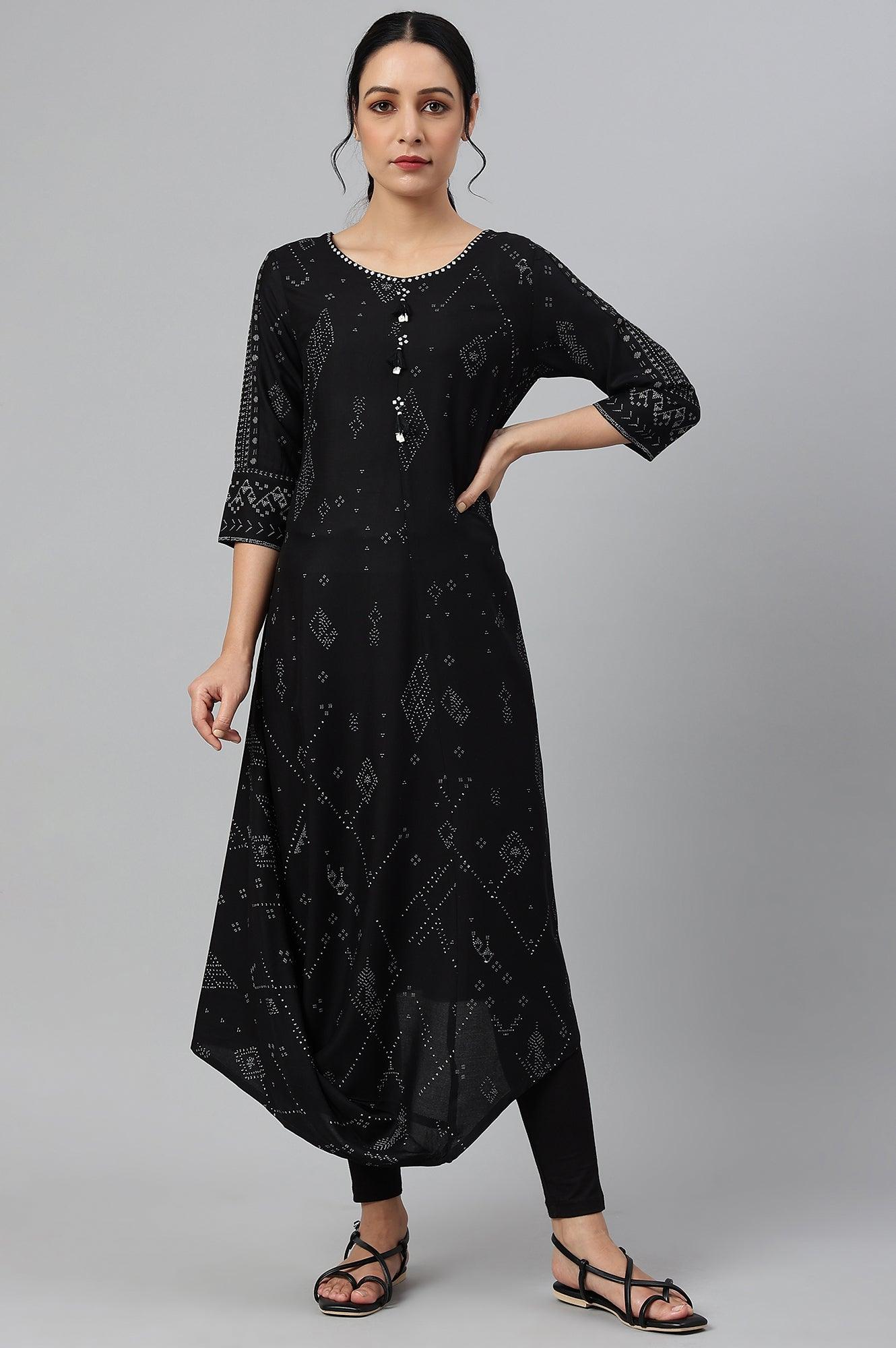 Black Printed A-Line kurta With Cowl Hemline