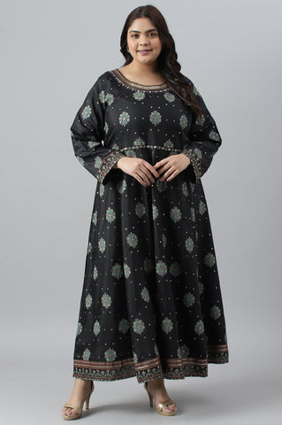 Jet Black Printed Kalidar Embroidered Plus Size Dress