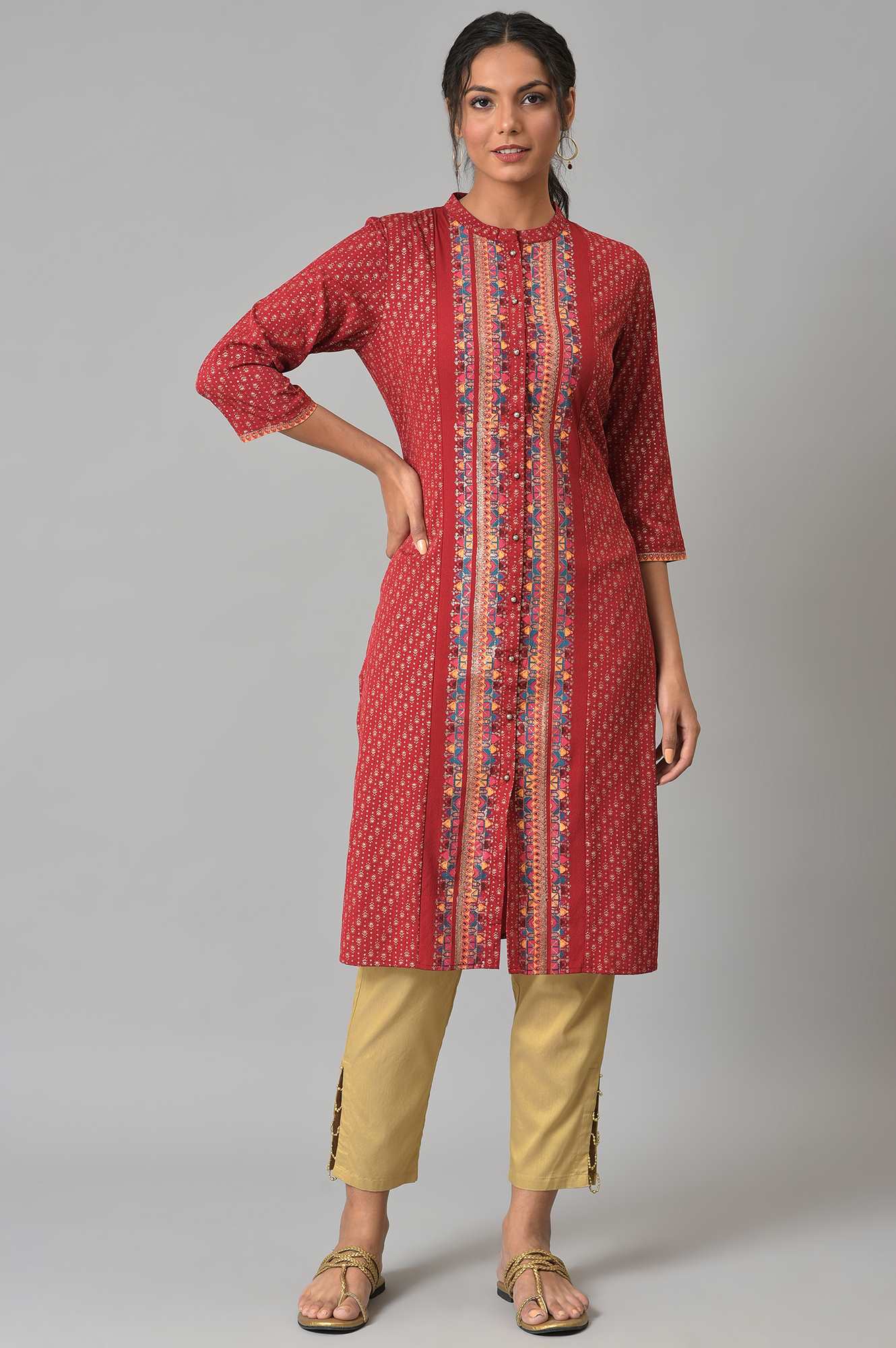 Red Placement Print Festive kurta