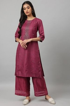 Purple Karnatka Silk Mukaish Print kurta with Parallel Pants