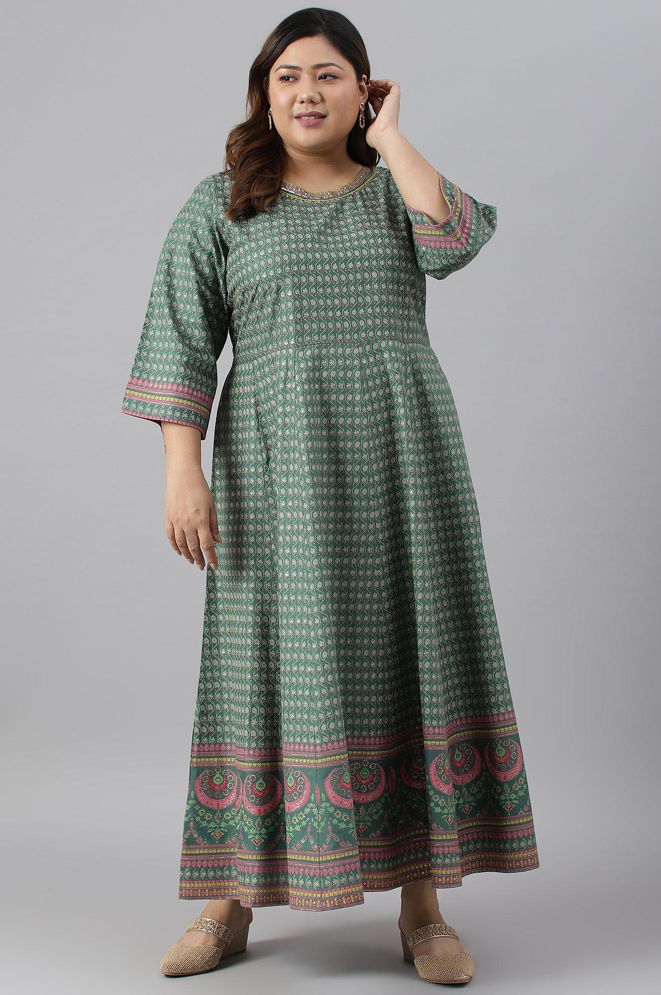 Leaf Green Glitter Printed Kalidar Plus Size Dress