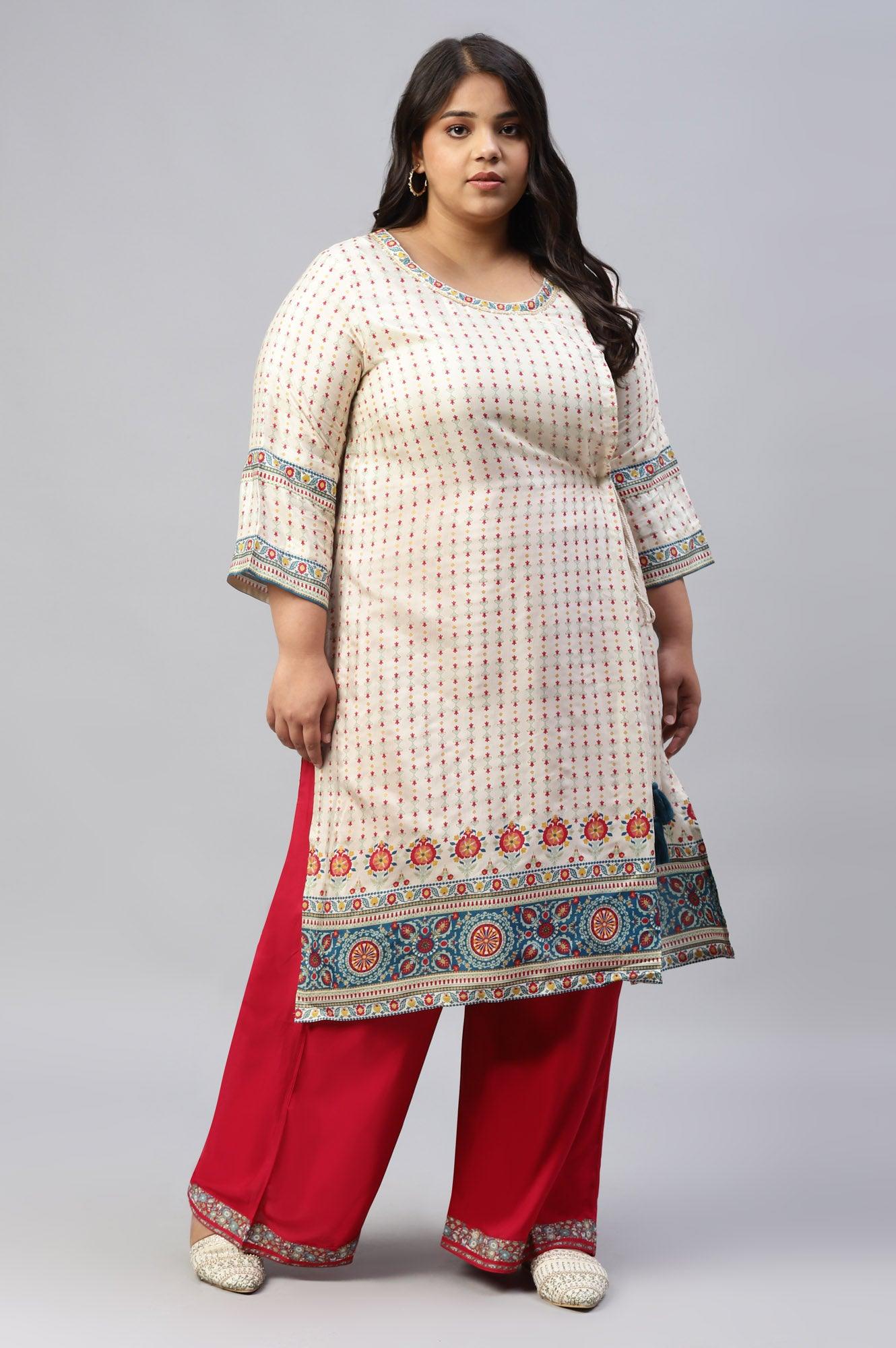 Ecru Floral Printed Sequined Plus Size kurta