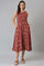 Dark Red Floral Printed Sleeveless Western Dress