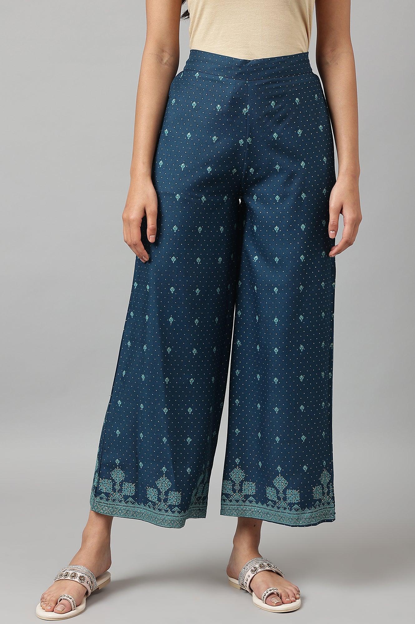 Dark Blue Rayon Printed Parallel Pants