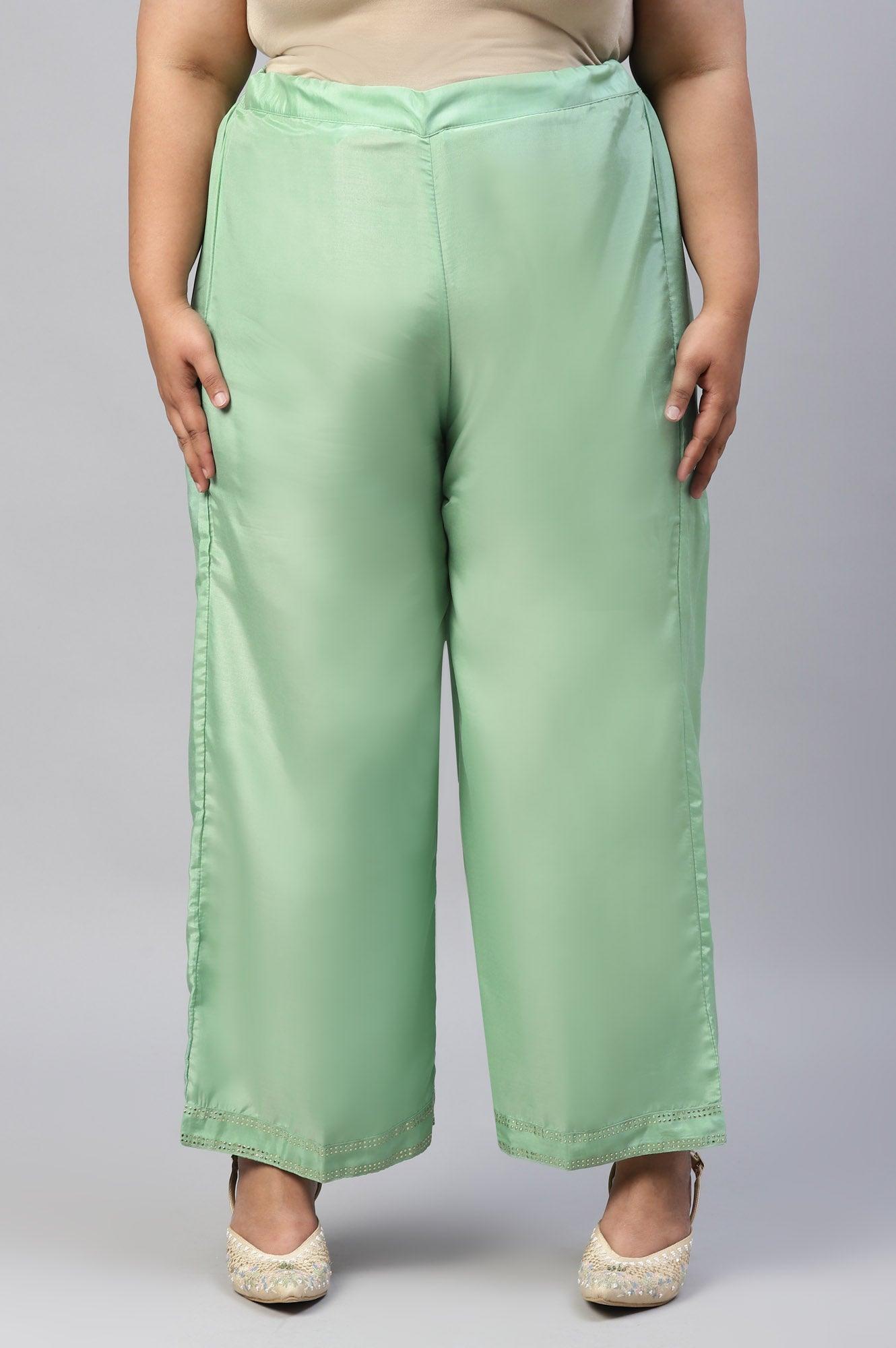 Green Solid Shantung Plus Size Parallel Pants