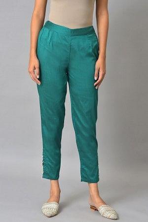 Dark Green Solid Light Festive Slim Pants