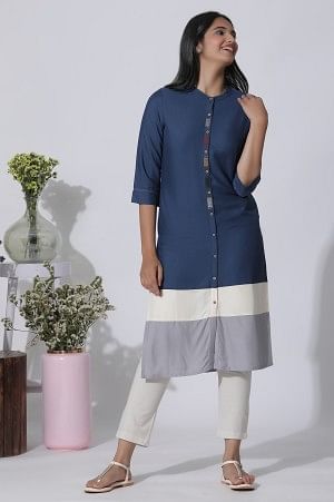 Blue & Grey Colour Block Kurta And Pants Set