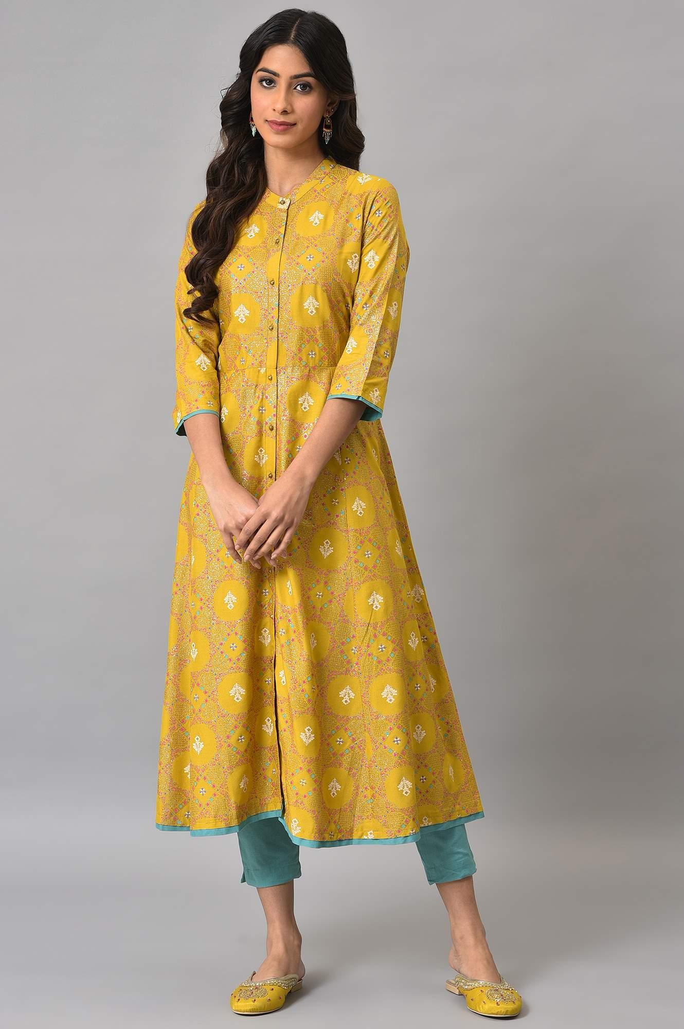 Yellow Glitter Printed kurta With Blue Slim Pants