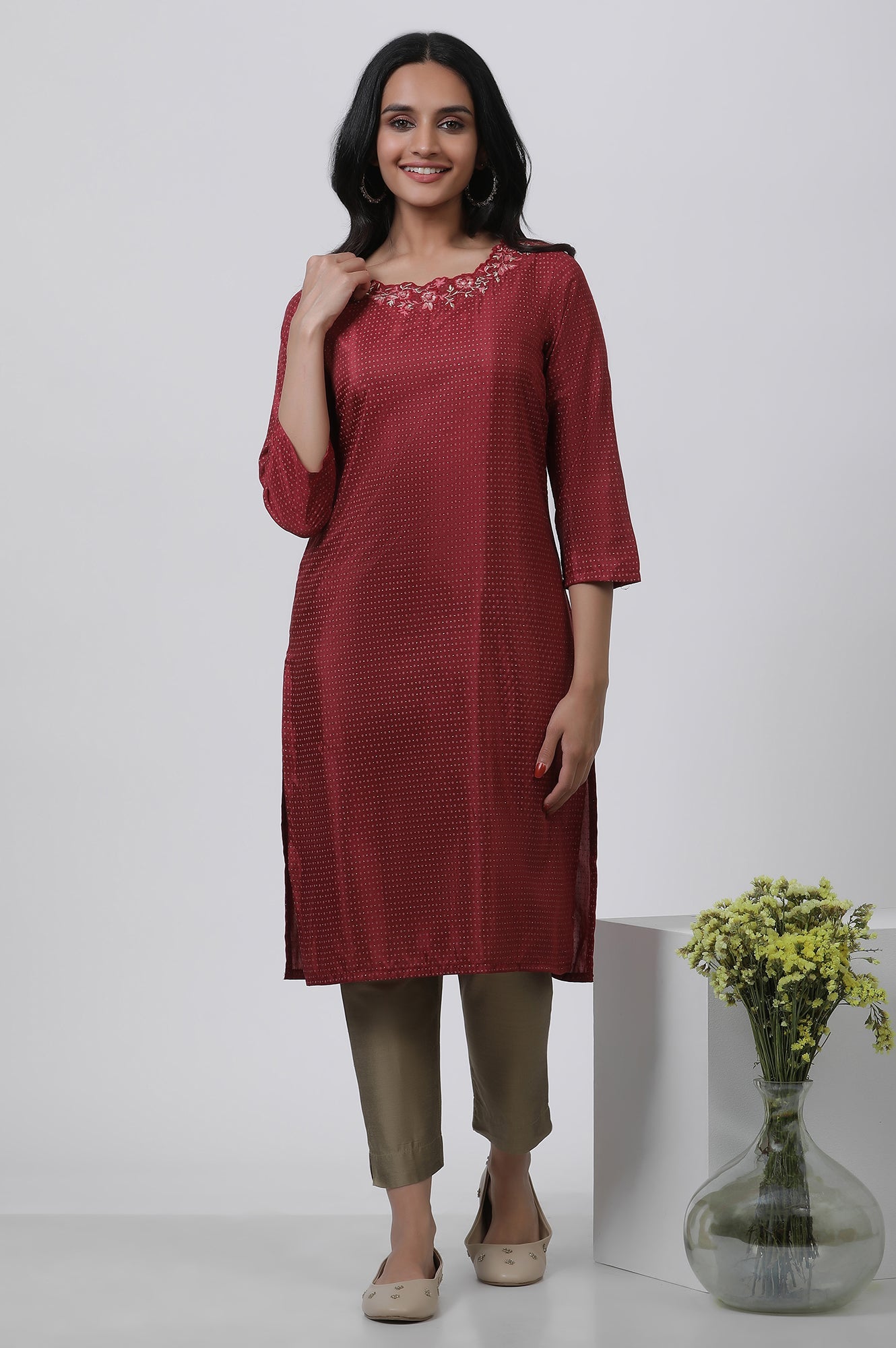 Maroon Embroidered Kurta And Pants Set