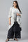 Plus Size White And Deep Blue Ombre kurta With Printed Gillet And Parallel Pants