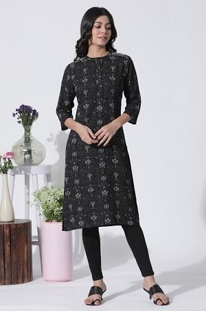 Black Floral Printed Mandarin Collar Kurta And Tights Set