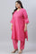 Plus Size Pink Bandhani Printed Embroidered kurta With Pants And Organza Dupatta