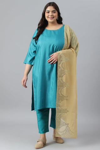 Plus Size Teal Green Karnatka Silk kurta With Slim Pants And Mukaish Dupatta