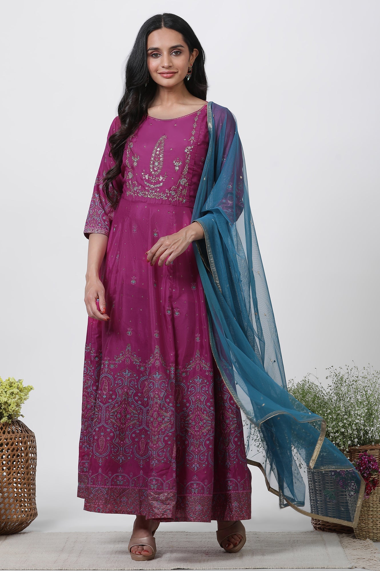 Purple Embroidered Flared Dress And Dupatta Set