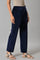 Navy Blue Solid Straight Fit Cotton Trousers With Elasticated Waist